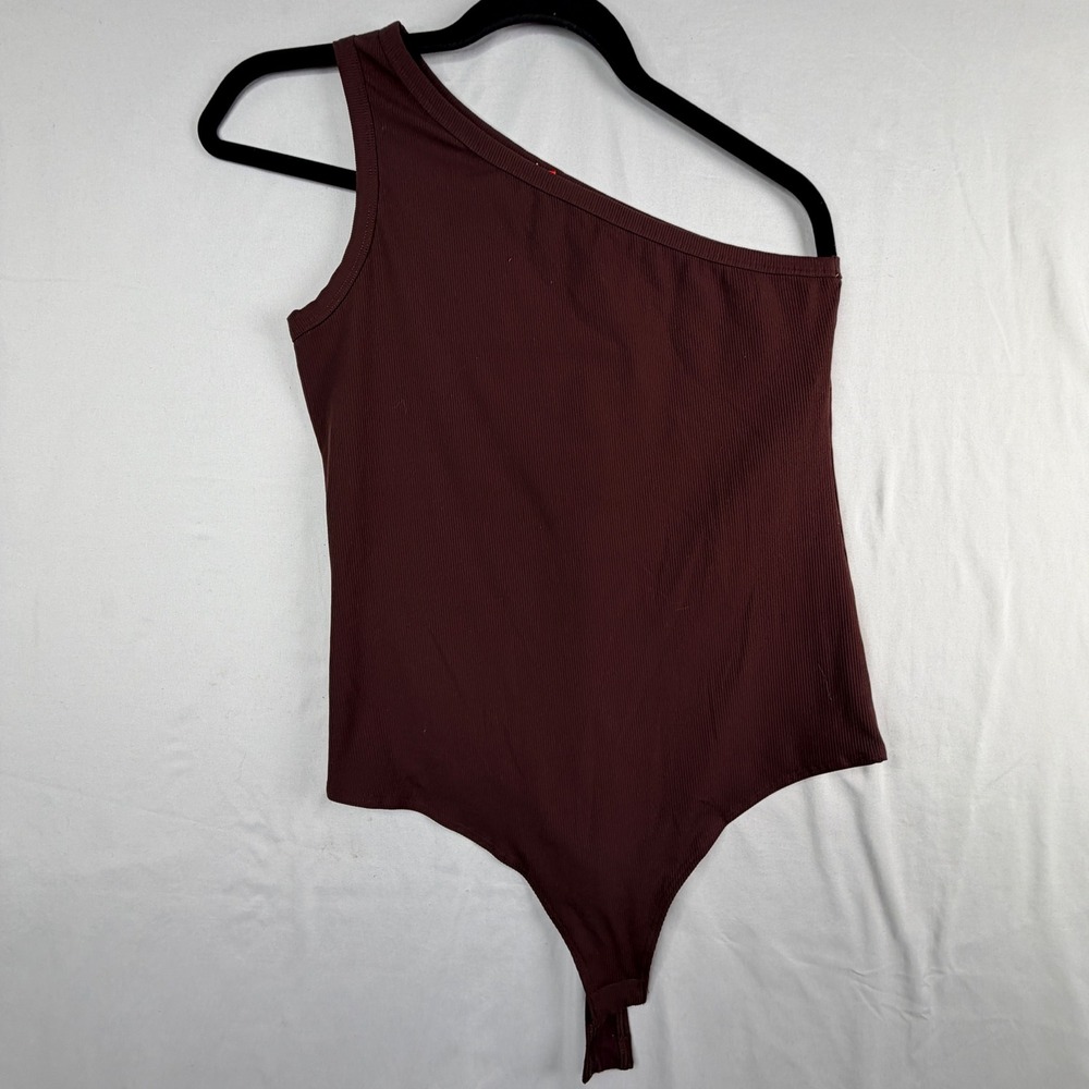 Spanx One Shoulder Bodysuit Large Burgundy Ribbed Knit Sleeveless Top